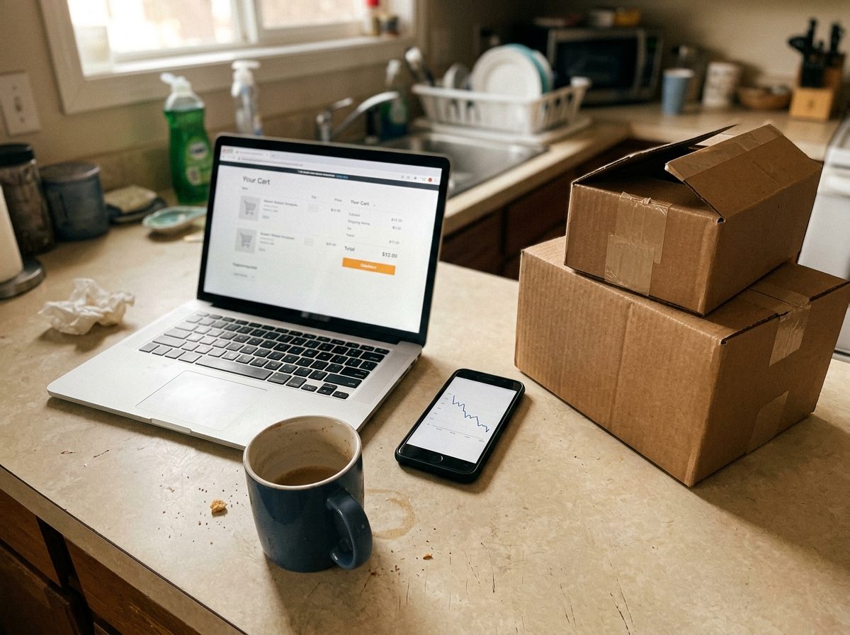 A laptop showing an online shopping cart beside a phone and a couple of delivery boxes