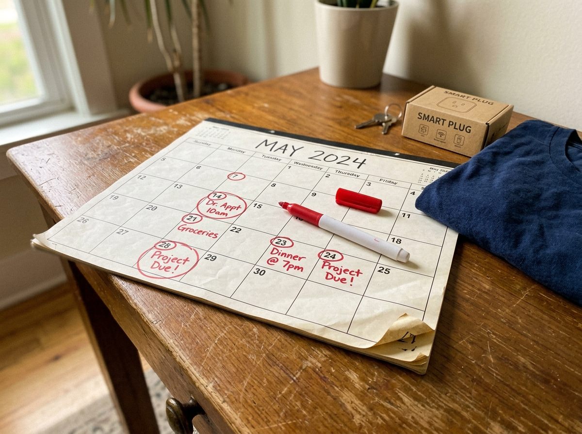 A wall calendar with several dates circled in red marker beside a pen and shopping items