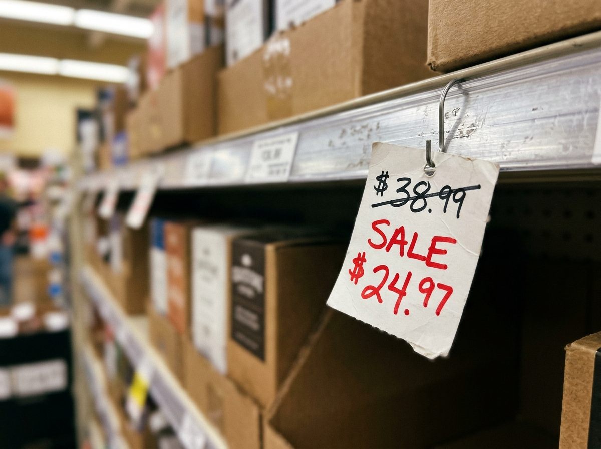 A close-up of a price tag with a crossed-out original price and a red sale price on a store shelf