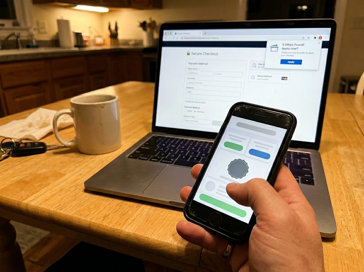 A phone showing a coupon and cashback app beside a laptop with a browser extension open at checkout