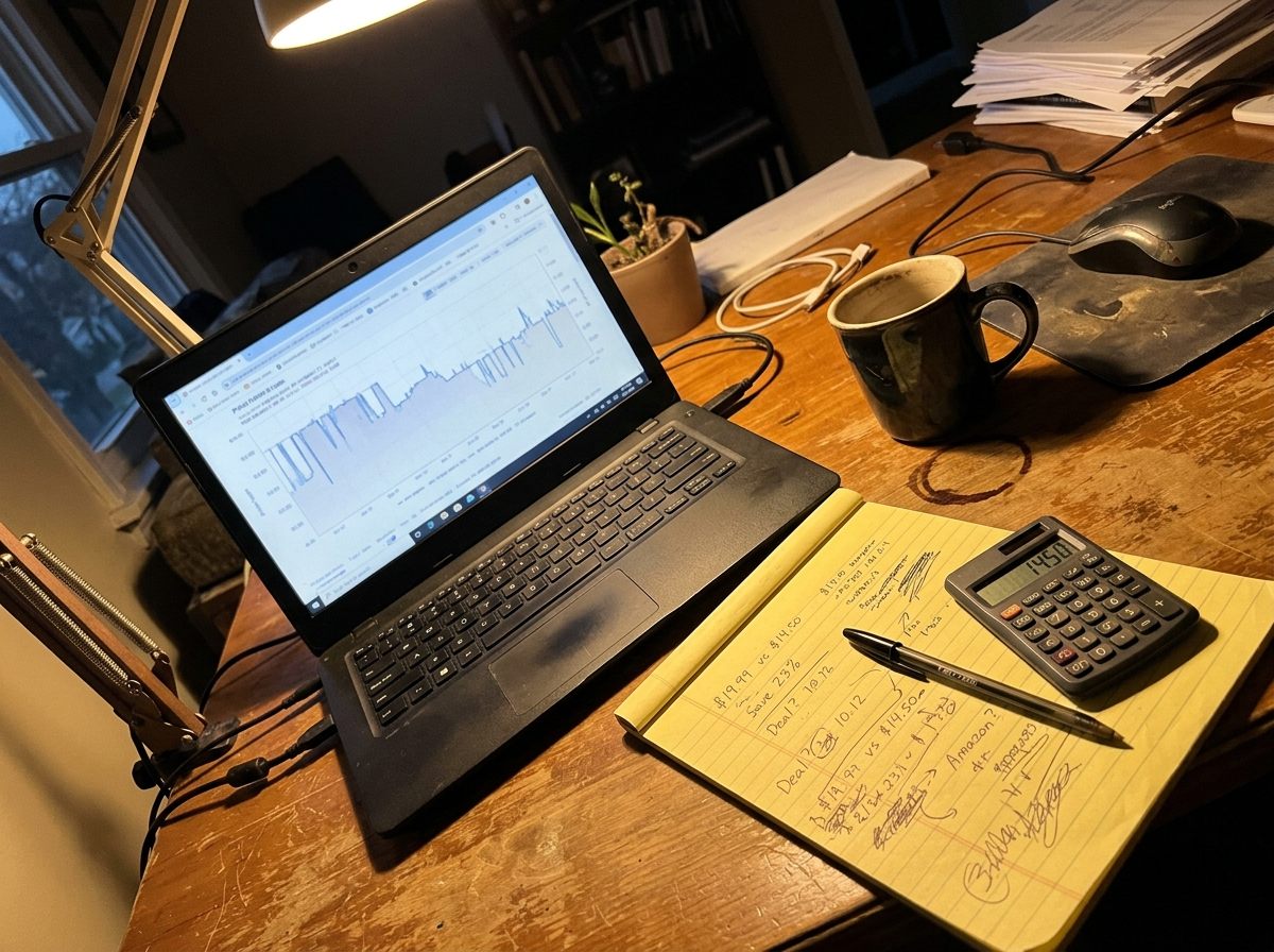 A desk with a laptop showing a price-history chart, a notepad of price comparisons, and a coffee mug